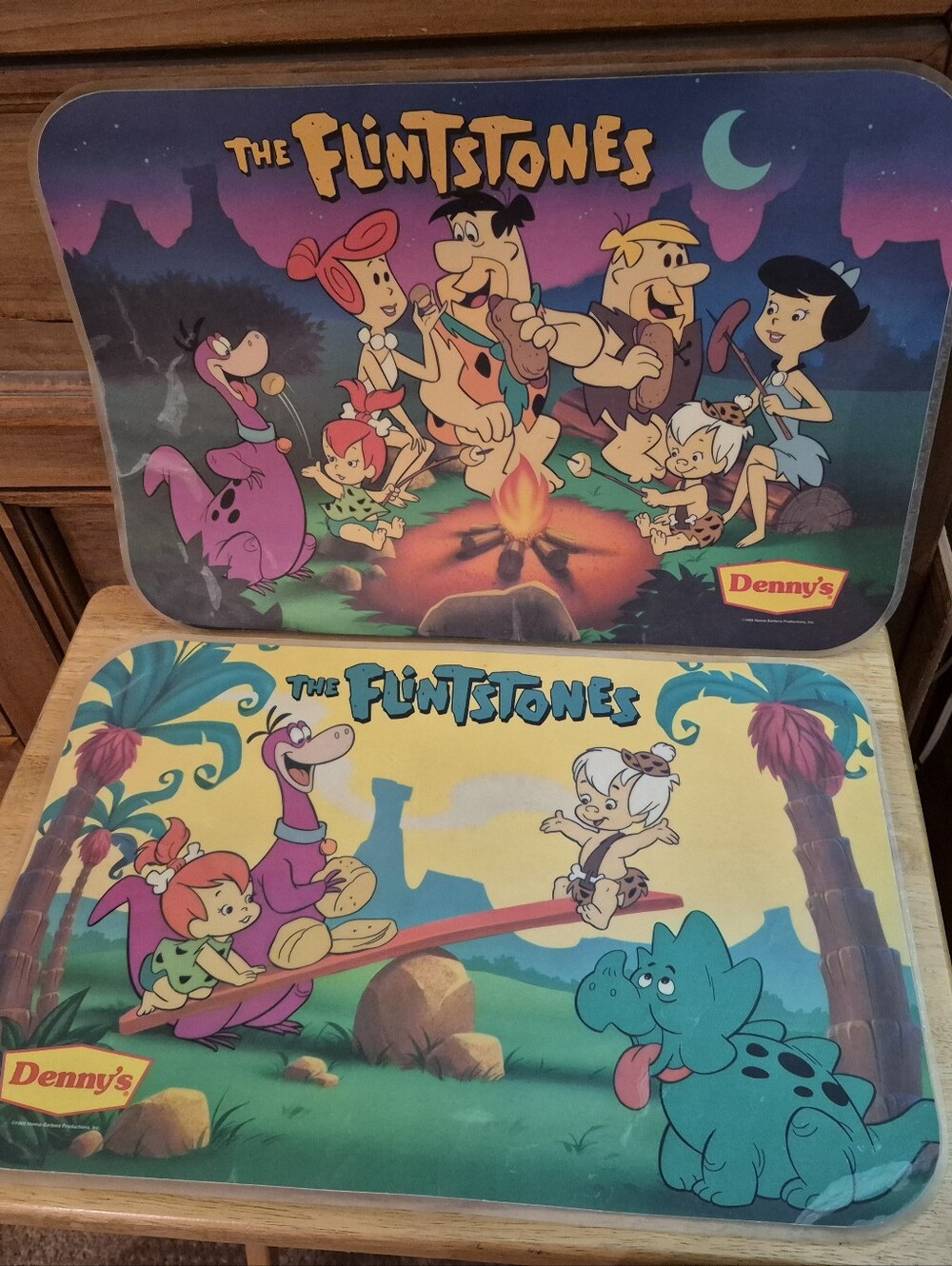 Vintage 1989 Denny's The Flintstones Laminated Placemats Set of 2 Hanna Barbera